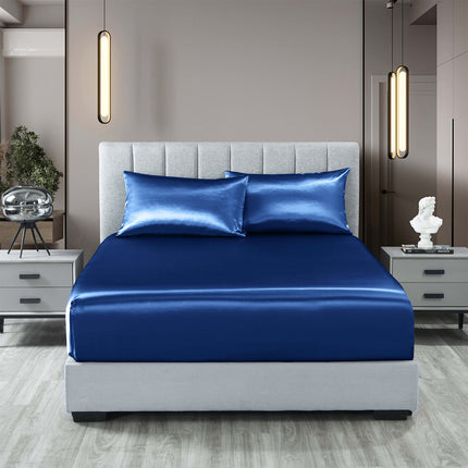 Royal Comfort Satin Sheet Set 3 Piece Fitted Sheet Pillowcase Soft  - King - Navy Blue 2