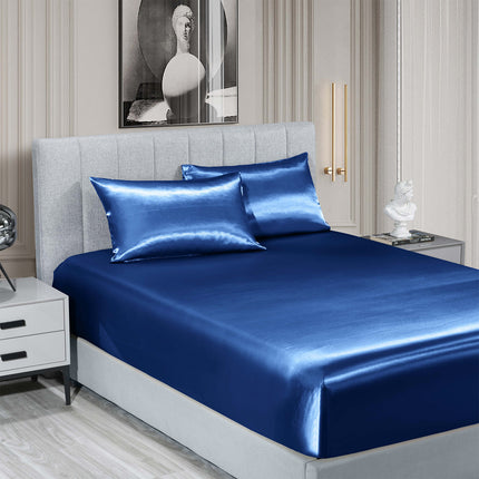 Royal Comfort Satin Sheet Set 3 Piece Fitted Sheet Pillowcase Soft  - King - Navy Blue 3