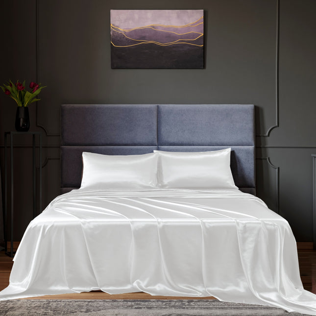 Royal Comfort Satin Sheet Set 4 Piece Fitted Flat Sheet Pillowcases  - King - White 2