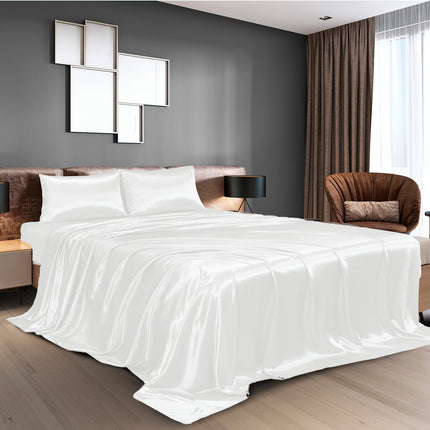 Royal Comfort Satin Sheet Set 4 Piece Fitted Flat Sheet Pillowcases  - King - White 3