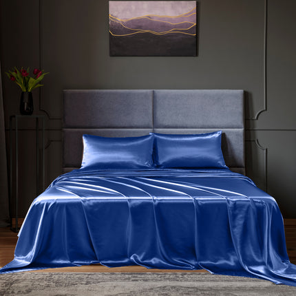 Royal Comfort Satin Sheet Set 4 Piece Fitted Flat Sheet Pillowcases  - King - Navy Blue 2