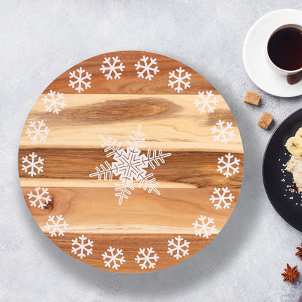 Bread and Butter 18 Inch Print Wooden Lazy Susan Tray - White Snowflake 3