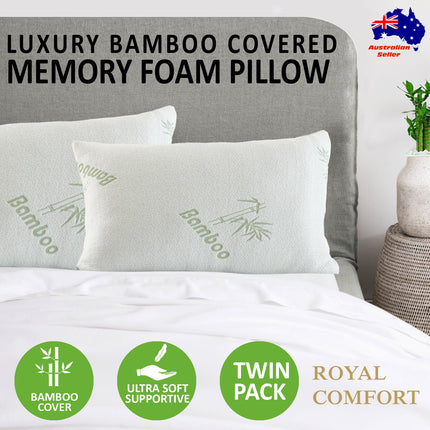 Royal Comfort Luxury Bamboo Covered Memory Foam Pillow Twin Pack Hypoallergenic 3