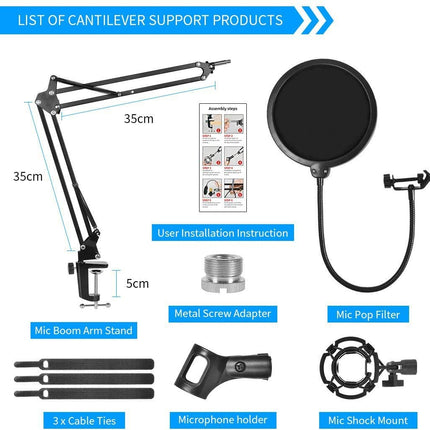 Microphone Radio Broadcasting Stand with 3/8"to 5/8" Screw Adapter and Windscreen Pop Filter 7