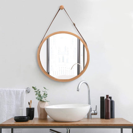 Hanging Round Wall Mirror 45 cm - Solid Bamboo Frame and Adjustable Leather Strap for Bathroom and Bedroom 2