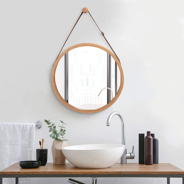 Hanging Round Wall Mirror 45 cm - Solid Bamboo Frame and Adjustable Leather Strap for Bathroom and Bedroom 2