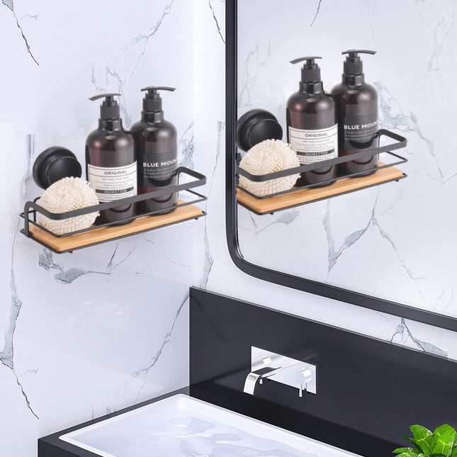 2 Pack Rectangular Bamboo Corner Shower Caddy Shelf Basket Rack with Premium Vacuum Suction Cup No-Drilling for Bathroom and Kitchen 2