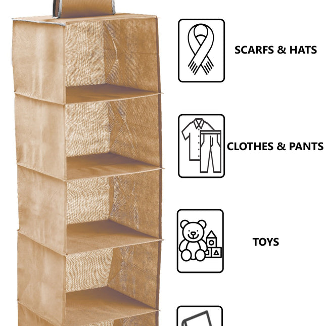 5 Tier Shelf Hanging Closet Organizer and Storage for Clothes (Beige) 2