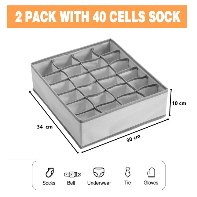Set of 2 Fabric Drawer Organizer Divider Storage Boxes for Storing Socks, Underwear, Ties, Scarves (Grey) 2