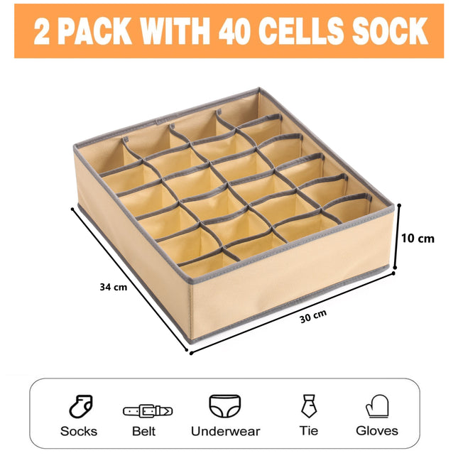 Set of 2 Fabric Drawer Organizer Divider Storage Boxes for Storing Socks, Underwear, Ties, Scarves (Beige) 2