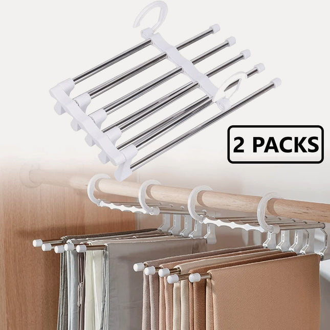 2 Pack Stainless Steel Adjustable 5 in 1 Pants Hangers Non-Slip Space Saving for Home Storage 2
