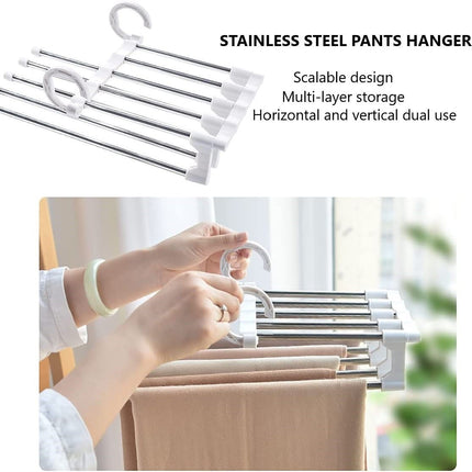 2 Pack Stainless Steel Adjustable 5 in 1 Pants Hangers Non-Slip Space Saving for Home Storage 3