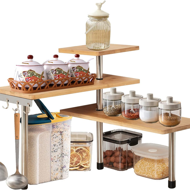CARLA HOME 3 Tier Corner Shelf Kitchen Spice Rack Organiser with Hooks for Home Storage & Organisation
