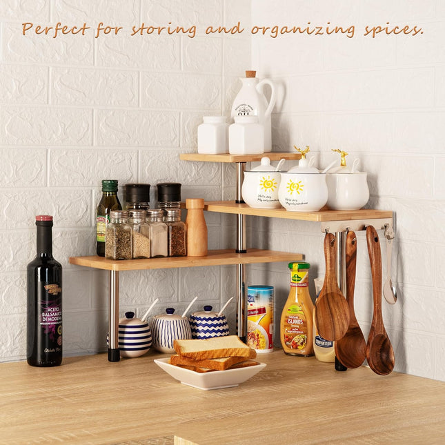 CARLA HOME 3 Tier Corner Shelf Kitchen Spice Rack Organiser with Hooks for Home Storage & Organisation 2