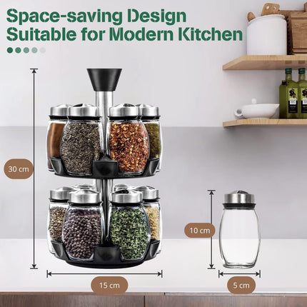 CARLA HOME Rotating Spice Rack Organizer with 16 Glass Jars for Kitchen Seasoning and Herb Storage 2