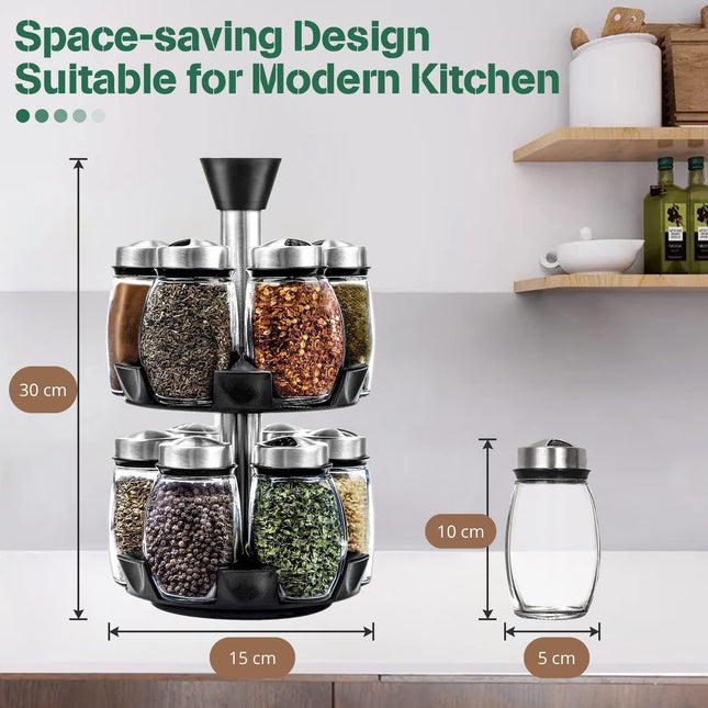 CARLA HOME Rotating Spice Rack Organizer with 16 Glass Jars for Kitchen Seasoning and Herb Storage 2
