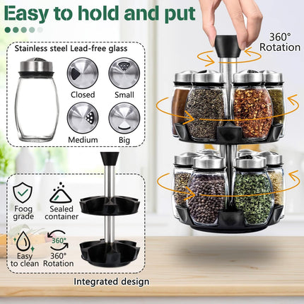 CARLA HOME Rotating Spice Rack Organizer with 16 Glass Jars for Kitchen Seasoning and Herb Storage 4