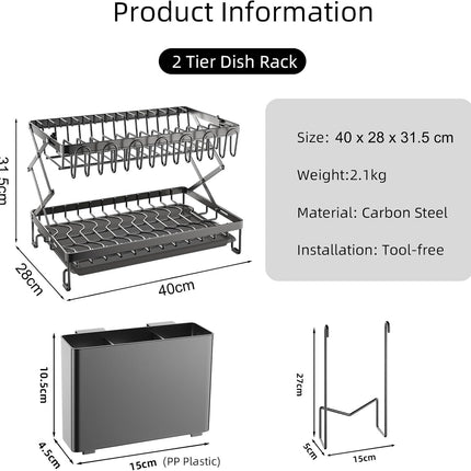 CARLA HOME 2-Tier Dish Drying Rack with Drainage Tray, Utensil Holder, Cup Hooks & Cutting Board Rack for Kitchen (Black) 2