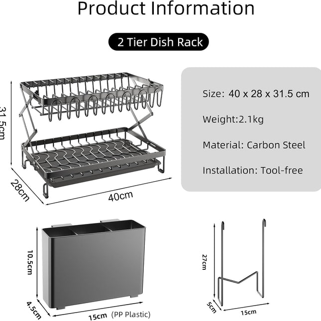 CARLA HOME 2-Tier Dish Drying Rack with Drainage Tray, Utensil Holder, Cup Hooks & Cutting Board Rack for Kitchen (Black) 2