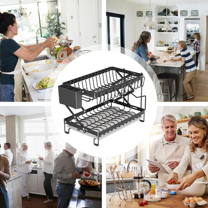 CARLA HOME 2-Tier Dish Drying Rack with Drainage Tray, Utensil Holder, Cup Hooks & Cutting Board Rack for Kitchen (Black) 9