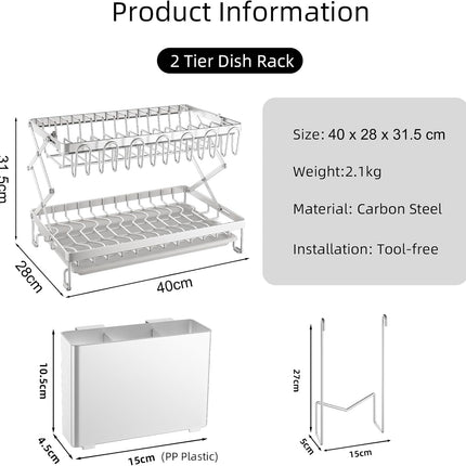 CARLA HOME 2-Tier Dish Drying Rack with Drainage Tray, Utensil Holder, Cup Hooks & Cutting Board Rack for Kitchen (White) 2