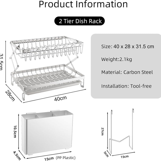 CARLA HOME 2-Tier Dish Drying Rack with Drainage Tray, Utensil Holder, Cup Hooks & Cutting Board Rack for Kitchen (White) 2