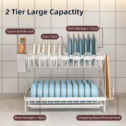 CARLA HOME 2-Tier Dish Drying Rack with Drainage Tray, Utensil Holder, Cup Hooks & Cutting Board Rack for Kitchen (White) 4
