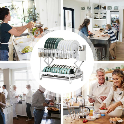 CARLA HOME 2-Tier Dish Drying Rack with Drainage Tray, Utensil Holder, Cup Hooks & Cutting Board Rack for Kitchen (White) 9