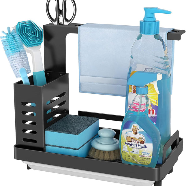 CARLA HOME Kitchen Sink Caddy Organizer with Sponge, Soap & Brush Storage and Rag Rack, Drain Tray & Utensil Holder