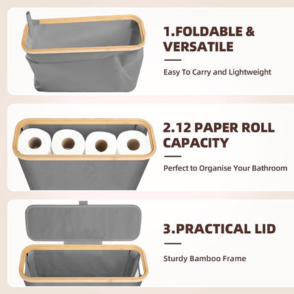 CARLA HOME 2 pack Toilet Paper Storage Basket Holds Up to 12 Rolls with Bamboo Lid and Handle for RV Closet (Grey) 5