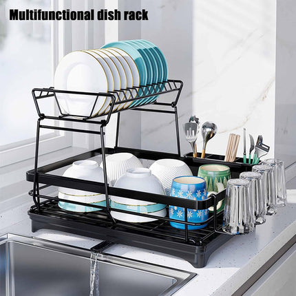 CARLA HOME 2-Tier Dish Drying Rack for Kitchen Counter with Drainboard, Utensil Holder, Cup Rack & Cutlery Organizer 5