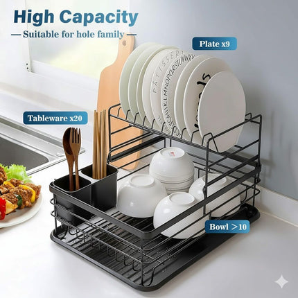 CARLA HOME 2-Tier Dish Drying Rack for Kitchen Counter with Removable Drip Tray, Utensil Holder and Cutlery Organizer (Black) 3