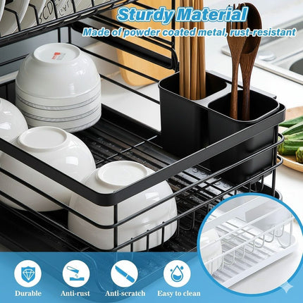 CARLA HOME 2-Tier Dish Drying Rack for Kitchen Counter with Removable Drip Tray, Utensil Holder and Cutlery Organizer (Black) 4