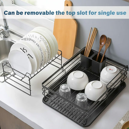 CARLA HOME 2-Tier Dish Drying Rack for Kitchen Counter with Removable Drip Tray, Utensil Holder and Cutlery Organizer (Black) 5