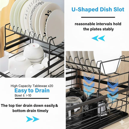 CARLA HOME 2-Tier Dish Drying Rack for Kitchen Counter with Removable Drip Tray, Utensil Holder and Cutlery Organizer (Black) 6