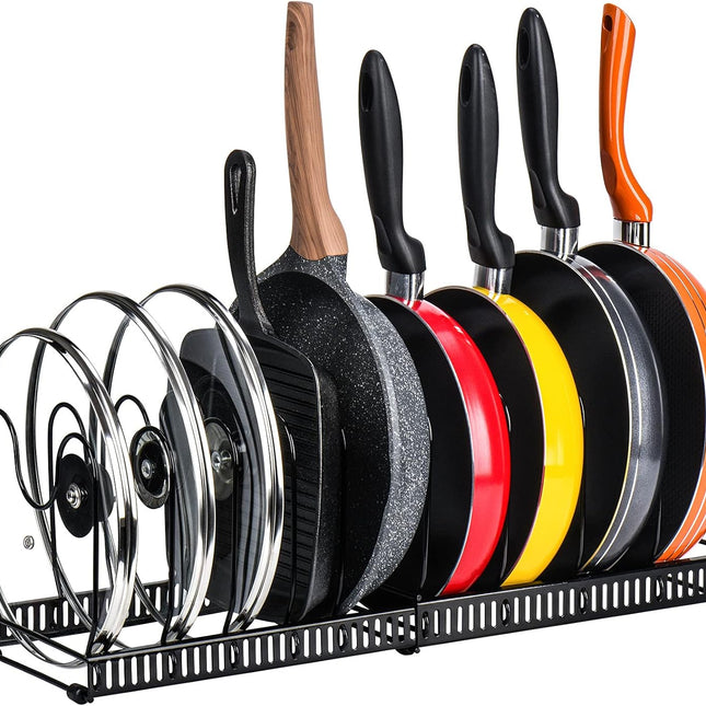 CARLA HOME Expandable Pot and Pan Organizer Rack for Cabinet with 10 Adjustable Dividers, Lid & Cookware Holder for Kitchen Pantry or Countertop Storage