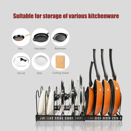 CARLA HOME Expandable Pot and Pan Organizer Rack for Cabinet with 10 Adjustable Dividers, Lid & Cookware Holder for Kitchen Pantry or Countertop Storage 6