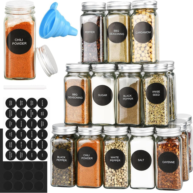 CARLA HOME 24 Glass Spice Jars with Lids, Shaker Tops, 180 Spice Labels, White Pen & Funnel for Kitchen Organization, Spice Rack, Seasoning & Herb Storage