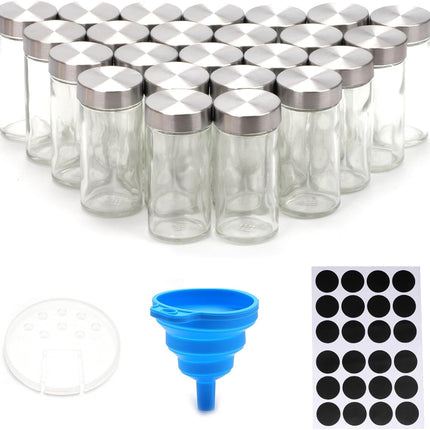 CARLA HOME 24 Glass Spice Jars with Lids, Shaker Tops, 180 Spice Labels, White Pen & Funnel for Kitchen Organization, Spice Rack, Seasoning & Herb Storage 8