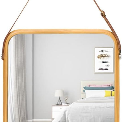 CARLA HOME Hanging Wall Mirror with Bamboo Frame with Adjustable Leather Strap for Bathroom, Bedroom, Vanity or Entryway (40x33 cm)