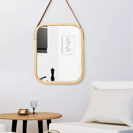 CARLA HOME Hanging Wall Mirror with Bamboo Frame with Adjustable Leather Strap for Bathroom, Bedroom, Vanity or Entryway (40x33 cm) 2