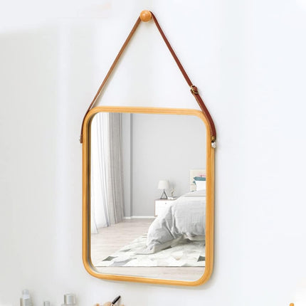 CARLA HOME Hanging Wall Mirror with Bamboo Frame with Adjustable Leather Strap for Bathroom, Bedroom, Vanity or Entryway (40x33 cm) 3