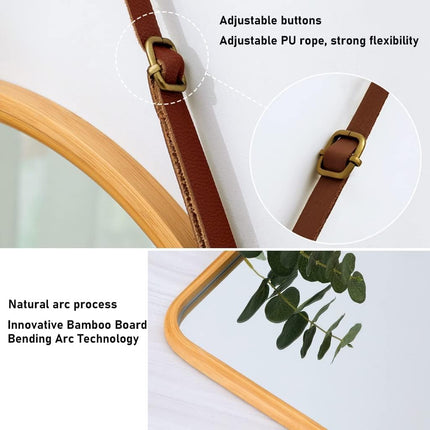 CARLA HOME Hanging Wall Mirror with Bamboo Frame with Adjustable Leather Strap for Bathroom, Bedroom, Vanity or Entryway (40x33 cm) 4