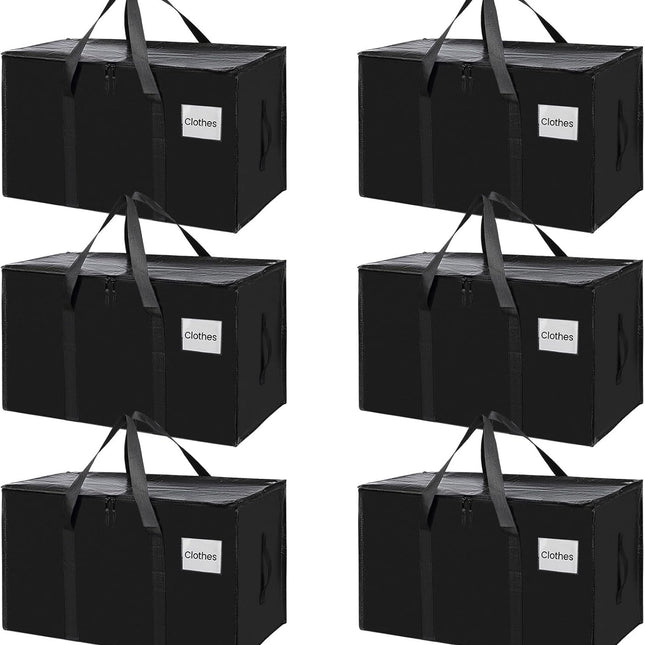 CARLA HOME 6-Pack Large Moving Storage Bags with Zippers & Handles with 95 Liters Capacity for Space Saving, Travel, Camping & Organization (Black)