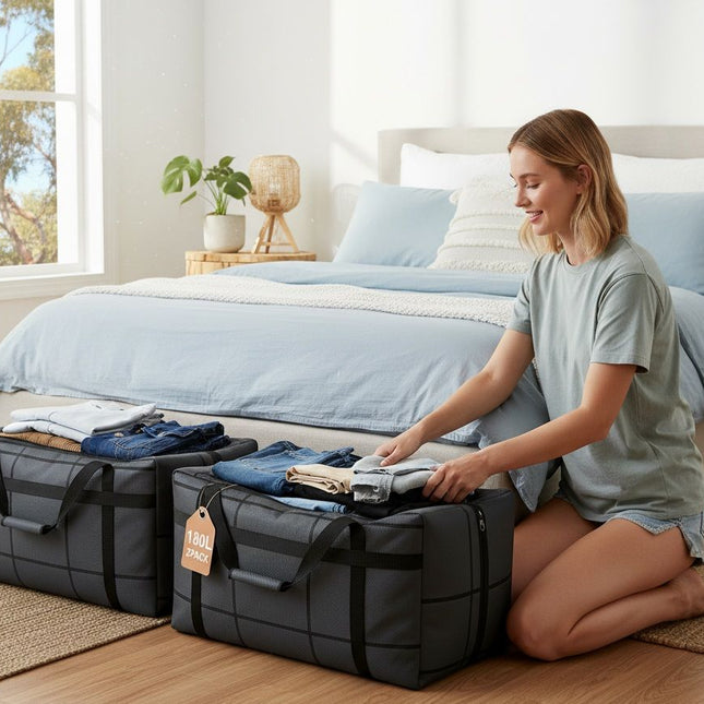 CARLA HOME 2-Pack 180L Extra Large Moving Storage Bags with Handles & Duty Zippered for Clothes, Travel, Space Saving & Camping 2