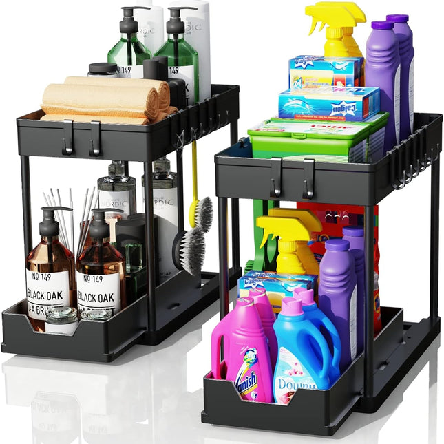 CARLA HOME 2 Pack Under Sink Organizer with Pull-Out Basket and Hooks for Bathroom & Kitchen