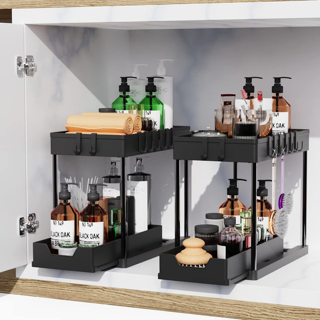 CARLA HOME 2 Pack Under Sink Organizer with Pull-Out Basket and Hooks for Bathroom & Kitchen 2