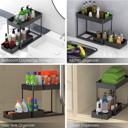 CARLA HOME 2 Pack Under Sink Organizer with Pull-Out Basket and Hooks for Bathroom & Kitchen 3