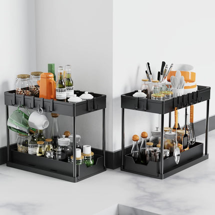 CARLA HOME 2 Pack Under Sink Organizer with Pull-Out Basket and Hooks for Bathroom & Kitchen 4