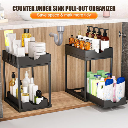 CARLA HOME 2 Pack Under Sink Organizer with Pull-Out Basket and Hooks for Bathroom & Kitchen 7